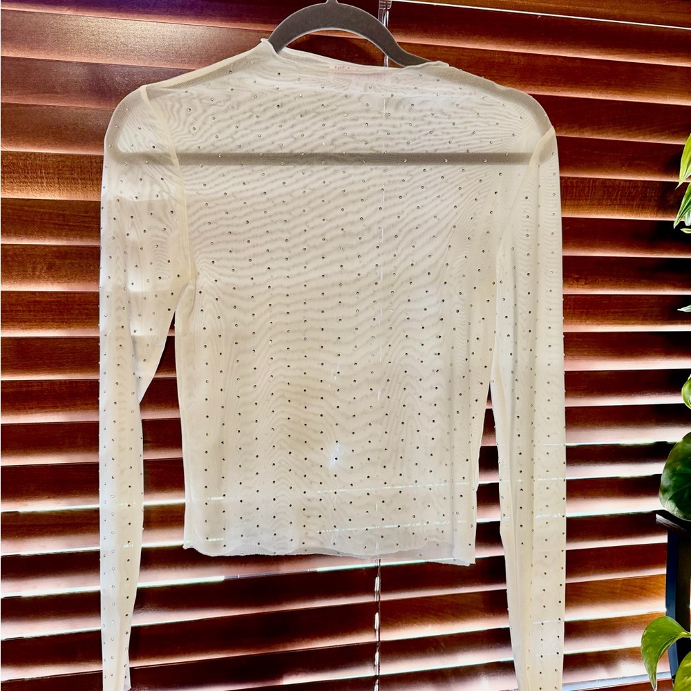 Sheer White Long Sleeve Top with Rhinestones